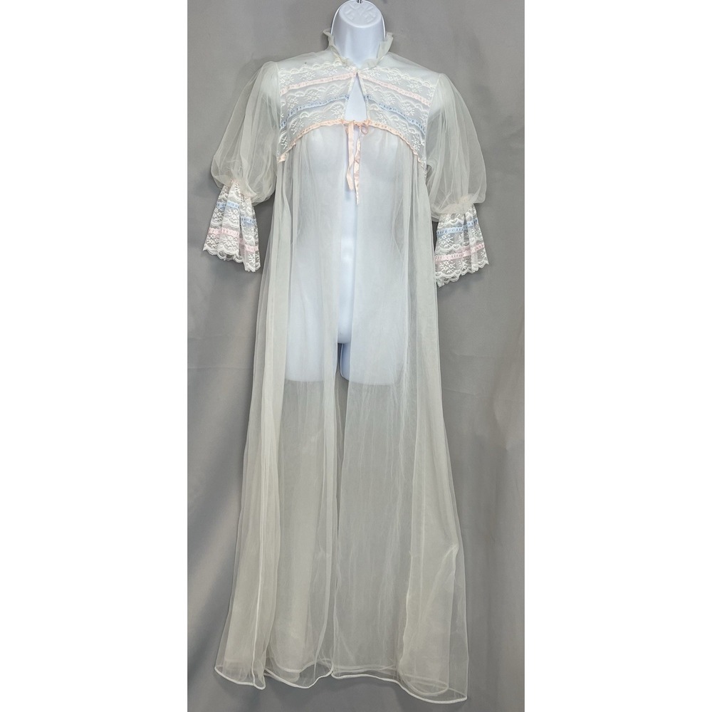 Vintage Elise‎ Stevens White Sheer Chiffon Lace Nylon Peignoir Robe Plus Small